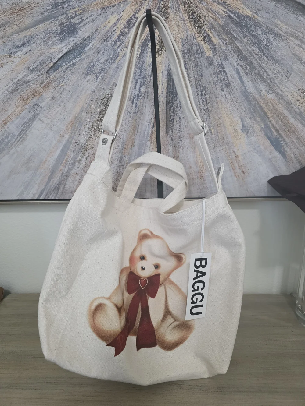 BAGGU Cream Canvas Duck Tote with Teddy Bear and Maroon Bow